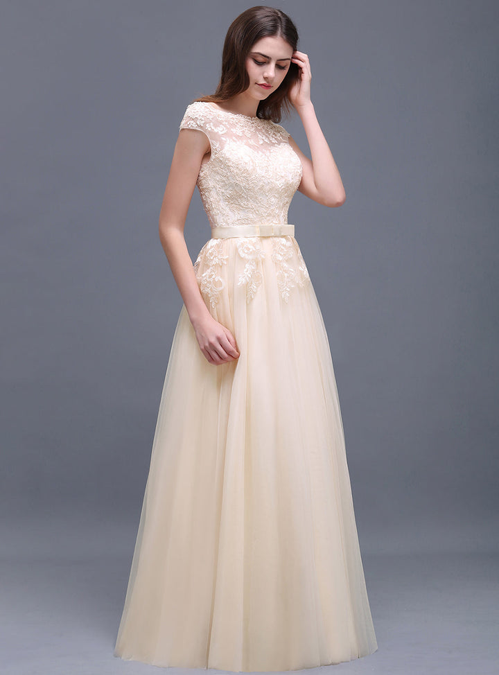 A-line Off-the-Shoulder Tulle Lace Floor-Length Dress Champagne-koscy