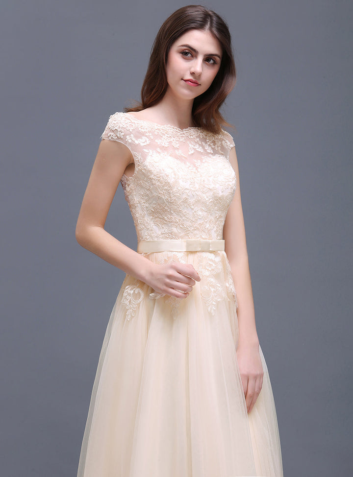 A-line Off-the-Shoulder Tulle Lace Floor-Length Dress Champagne-koscy