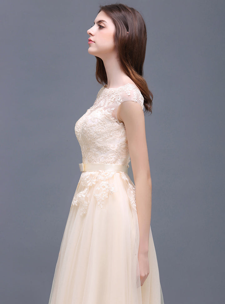 A-line Off-the-Shoulder Tulle Lace Floor-Length Dress Champagne-koscy