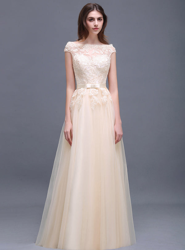 A-line Off-the-Shoulder Tulle Lace Floor-Length Dress Champagne-koscy