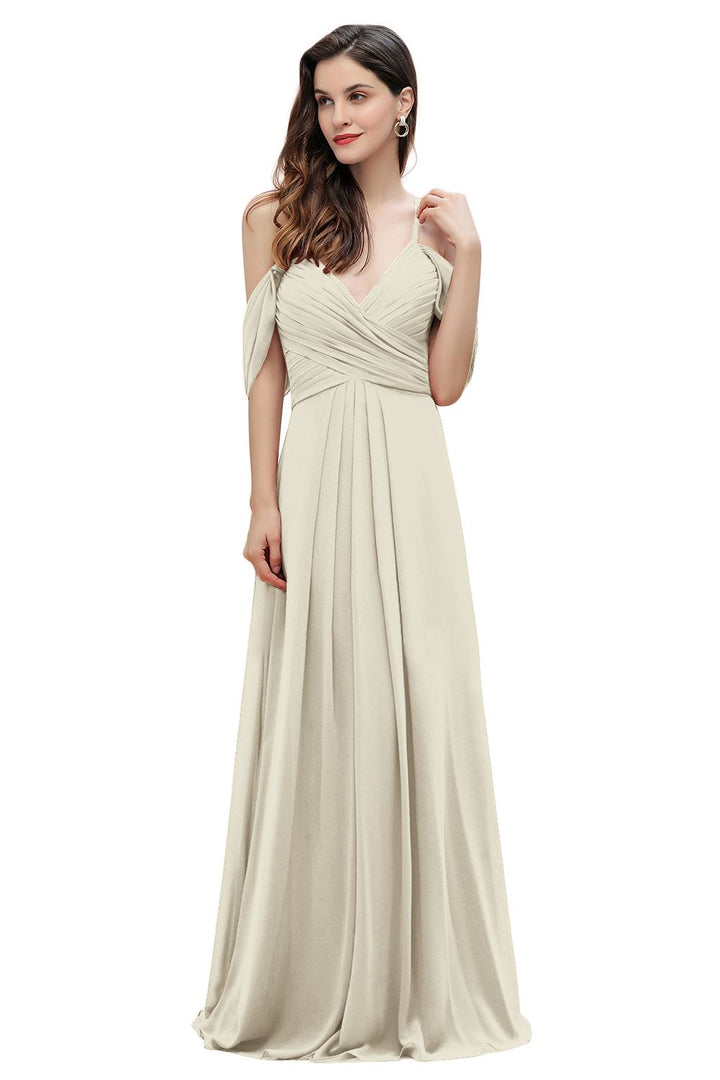 Elegant A-line Off-the-Shoulder V-neck Ruched Long Bridesmaid Dress