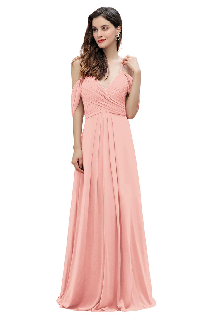 Elegant A-line Off-the-Shoulder V-neck Ruched Long Bridesmaid Dress