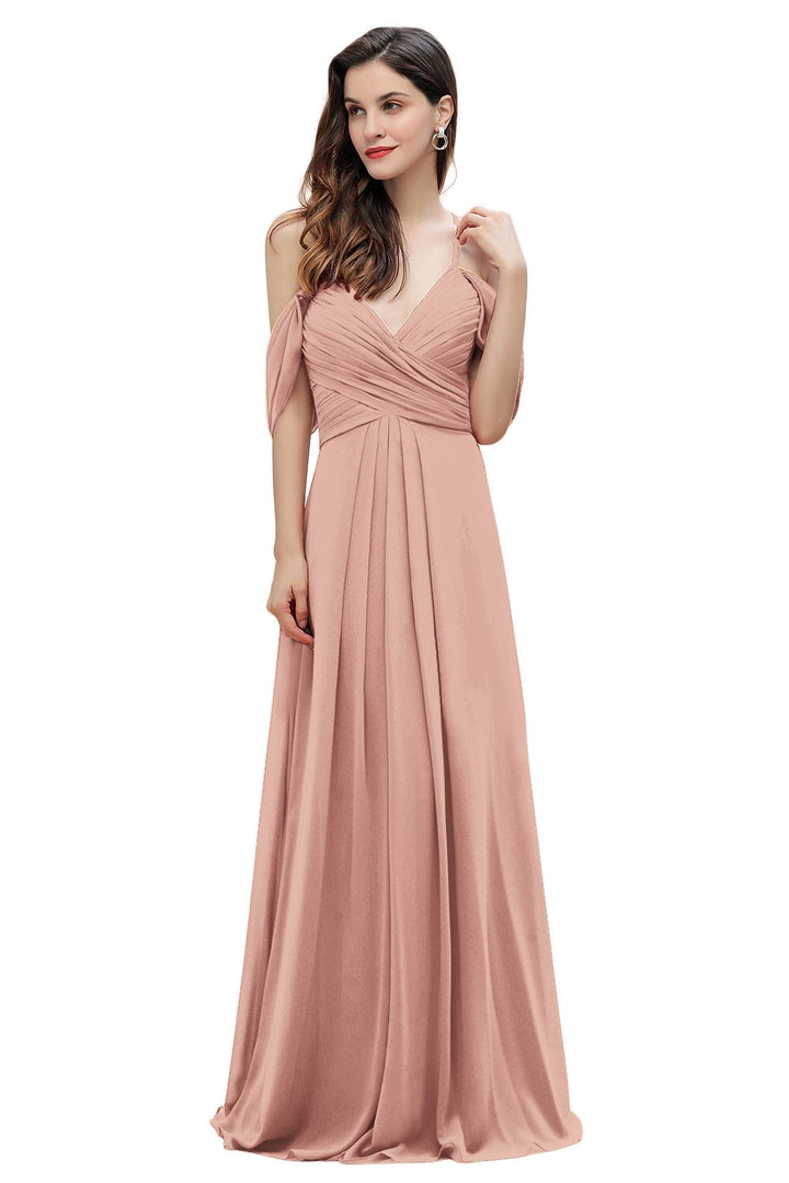 Elegant A-line Off-the-Shoulder V-neck Ruched Long Bridesmaid Dress