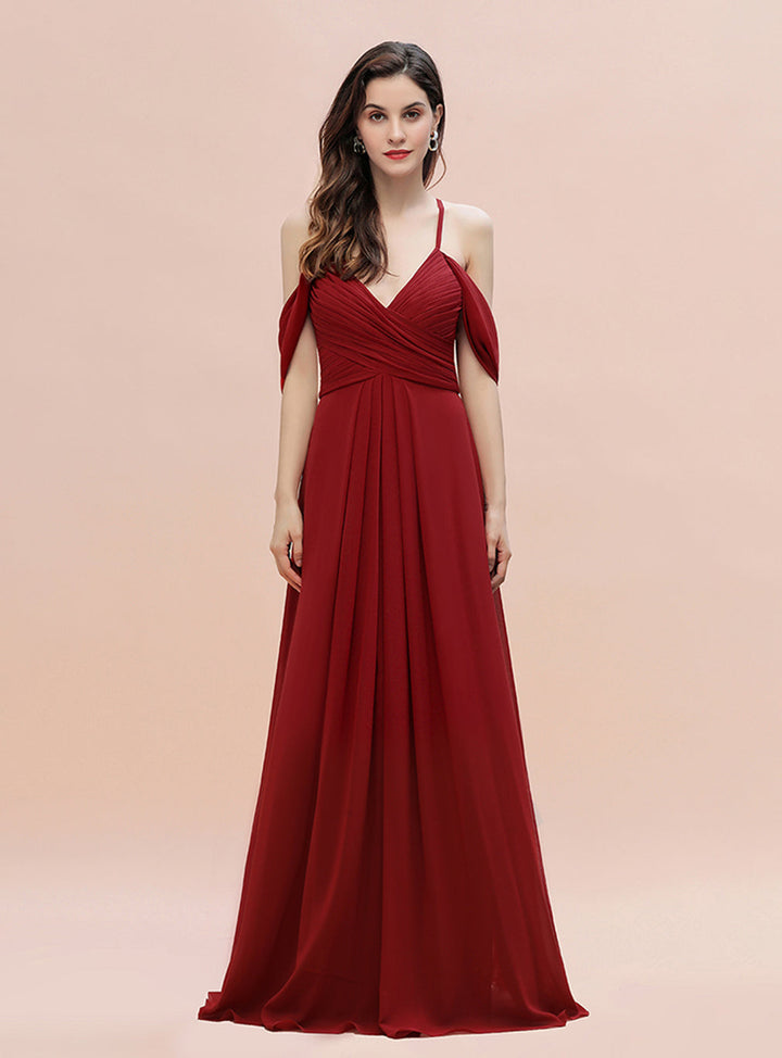 A-Line Off-the-Shoulder V-neck Ruched Floor-Length Dress-koscy