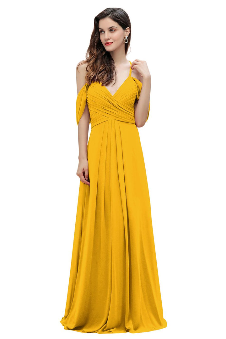 Elegant A-line Off-the-Shoulder V-neck Ruched Long Bridesmaid Dress