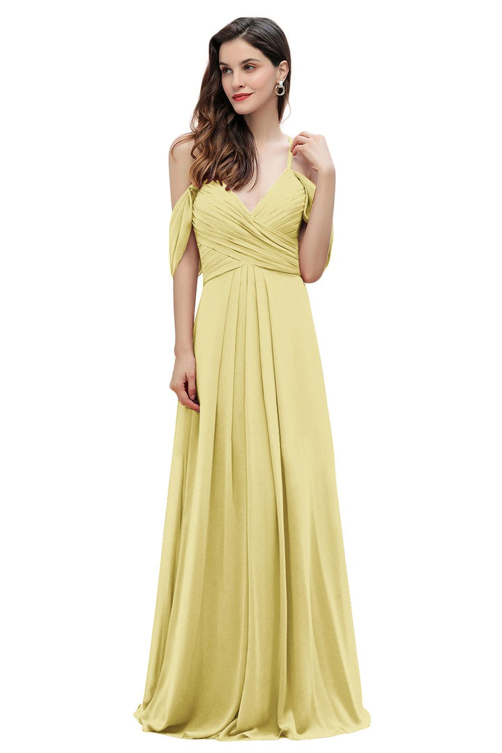 Elegant A-line Off-the-Shoulder V-neck Ruched Long Bridesmaid Dress