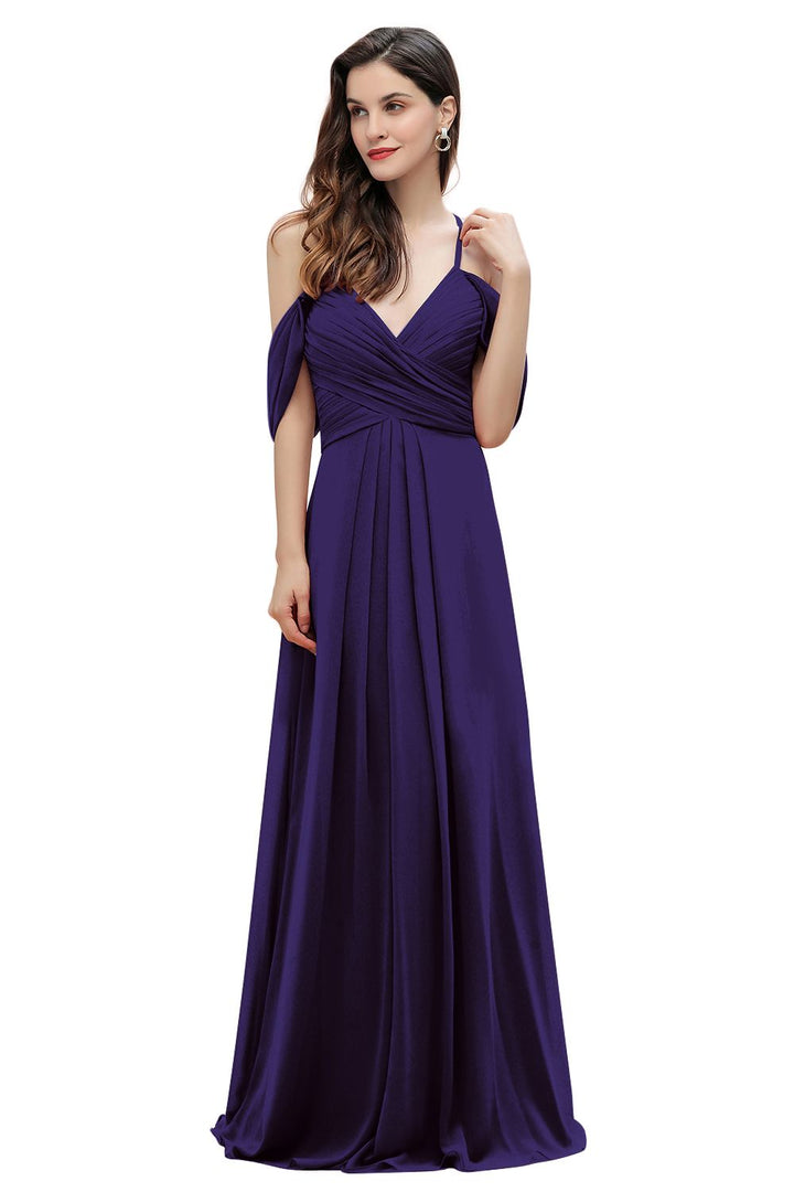 Elegant A-line Off-the-Shoulder V-neck Ruched Long Bridesmaid Dress