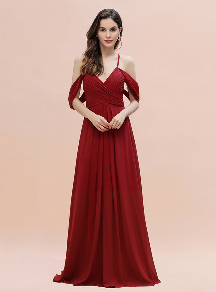 A-Line Off-the-Shoulder V-neck Ruched Floor-Length Dress-koscy