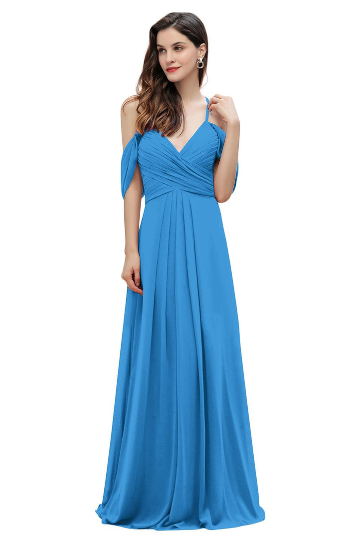 Elegant A-line Off-the-Shoulder V-neck Ruched Long Bridesmaid Dress