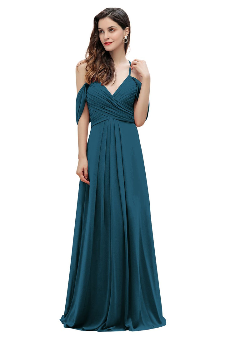 Elegant A-line Off-the-Shoulder V-neck Ruched Long Bridesmaid Dress