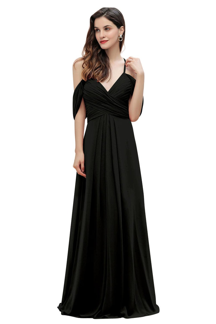 Elegant A-line Off-the-Shoulder V-neck Ruched Long Bridesmaid Dress