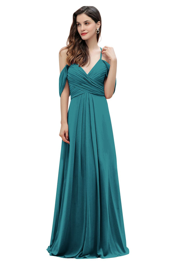 Elegant A-line Off-the-Shoulder V-neck Ruched Long Bridesmaid Dress