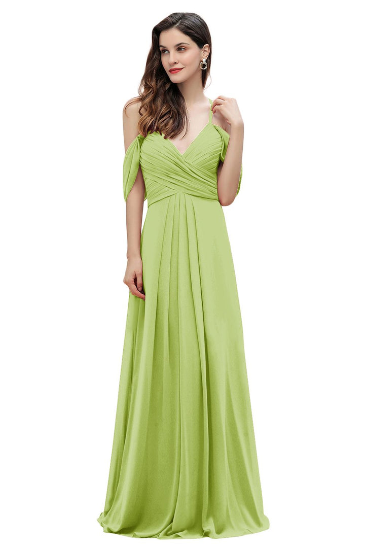 Elegant A-line Off-the-Shoulder V-neck Ruched Long Bridesmaid Dress