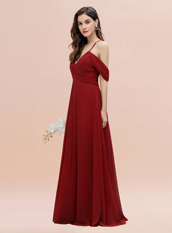 A-Line Off-the-Shoulder V-neck Ruched Floor-Length Dress-koscy