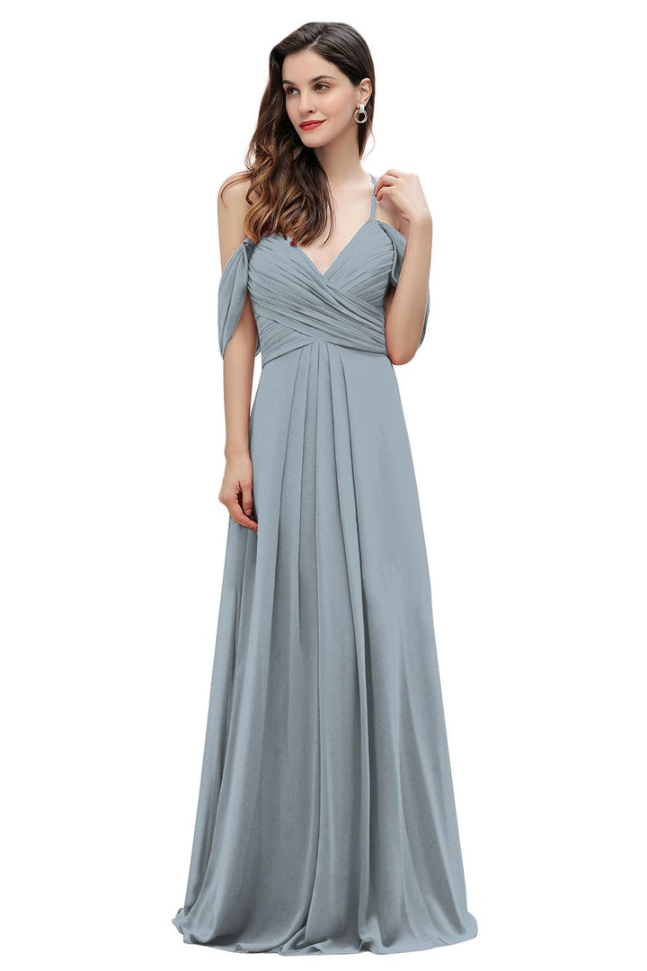 Elegant A-line Off-the-Shoulder V-neck Ruched Long Bridesmaid Dress