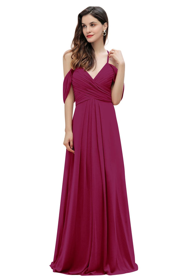 Elegant A-line Off-the-Shoulder V-neck Ruched Long Bridesmaid Dress