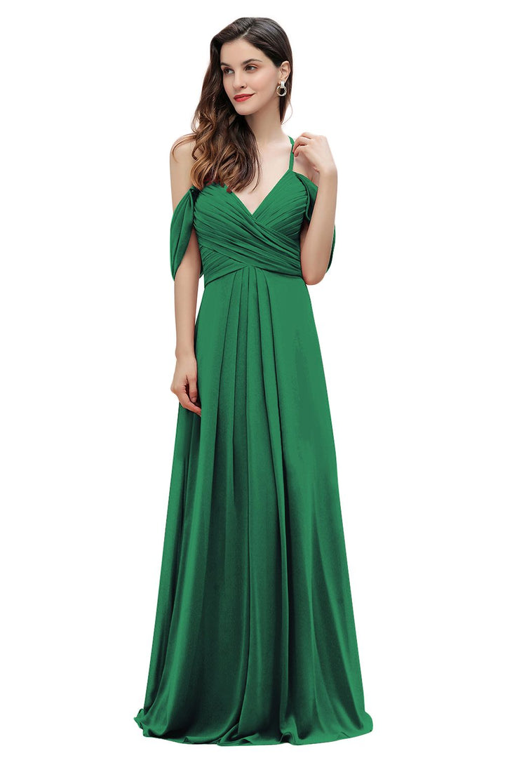 Elegant A-line Off-the-Shoulder V-neck Ruched Long Bridesmaid Dress