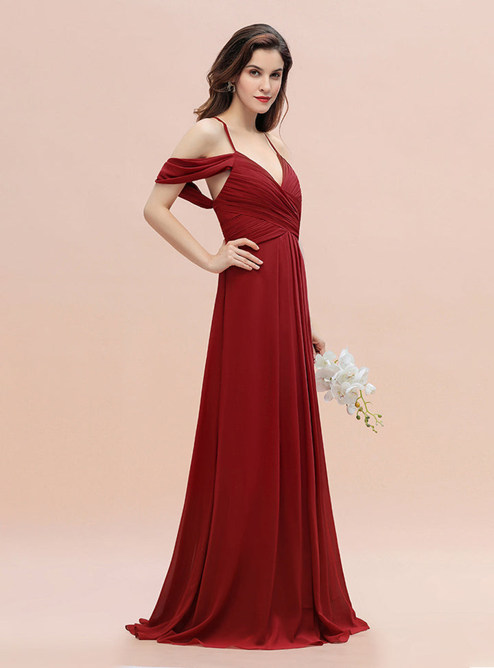 A-Line Off-the-Shoulder V-neck Ruched Floor-Length Dress-koscy