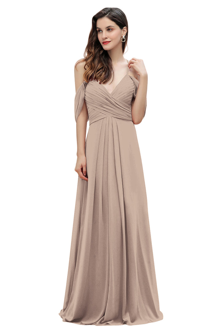 A-Line Off-the-Shoulder V-neck Ruched Floor-Length Dress-koscy