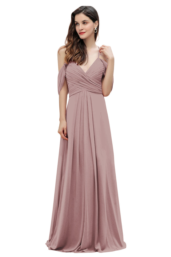 A-Line Off-the-Shoulder V-neck Ruched Floor-Length Dress-koscy