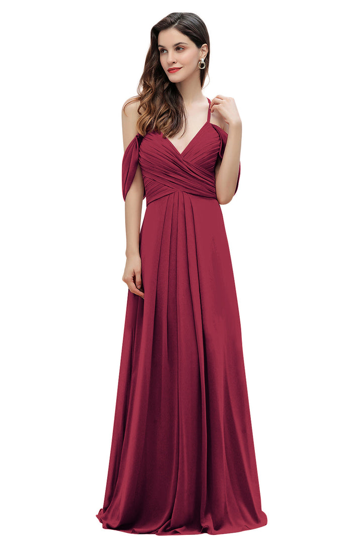 A-Line Off-the-Shoulder V-neck Ruched Floor-Length Dress-koscy