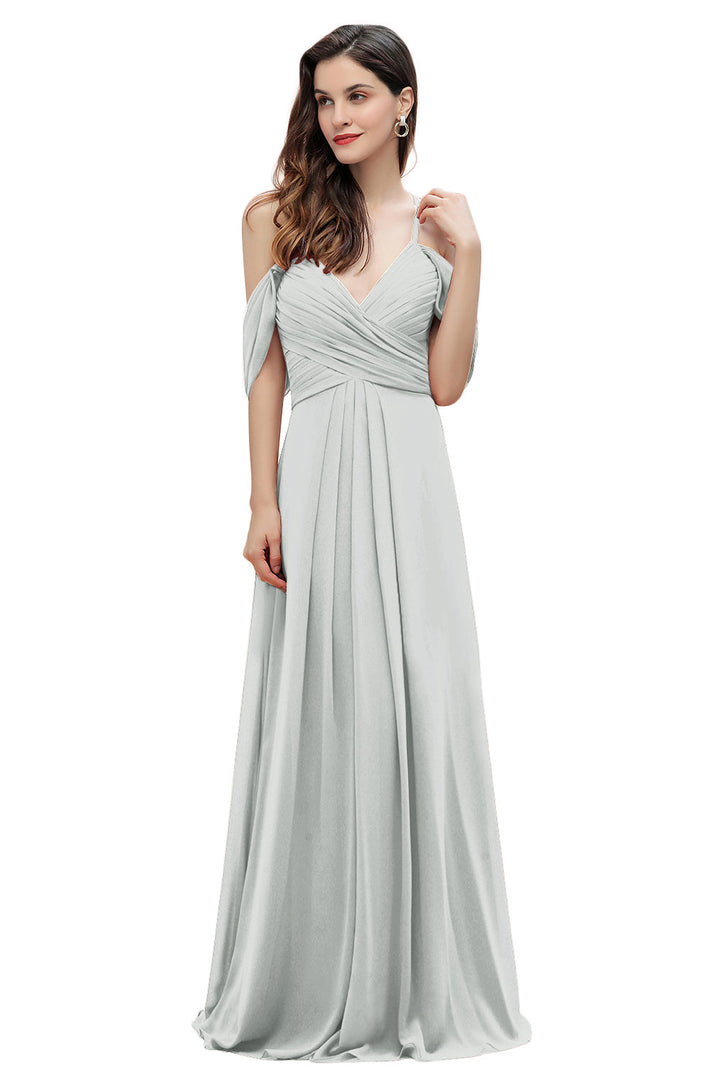 A-Line Off-the-Shoulder V-neck Ruched Floor-Length Dress-koscy