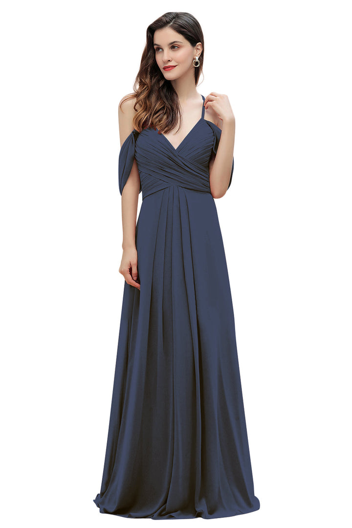 A-Line Off-the-Shoulder V-neck Ruched Floor-Length Dress-koscy