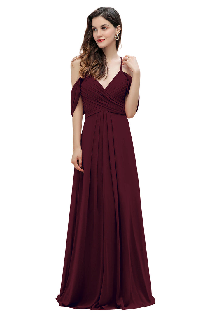 A-Line Off-the-Shoulder V-neck Ruched Floor-Length Dress-koscy