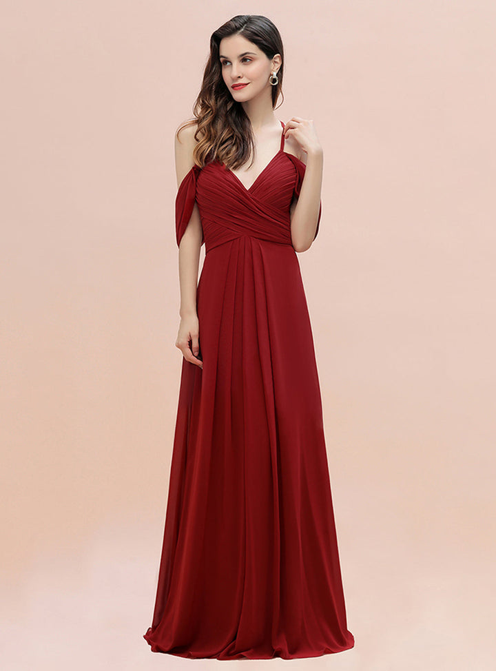 A-Line Off-the-Shoulder V-neck Ruched Floor-Length Dress-koscy