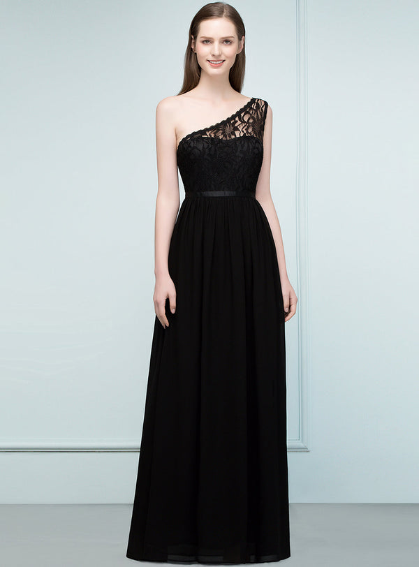 Koscy Stylish Black Chiffon One-Shoulder Lace Affordable Bridesmaid Dresses