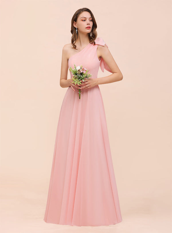 Koscy Chic One Shoulder Sleeveless Pink Chiffon Bridesmaid Dress with Bow