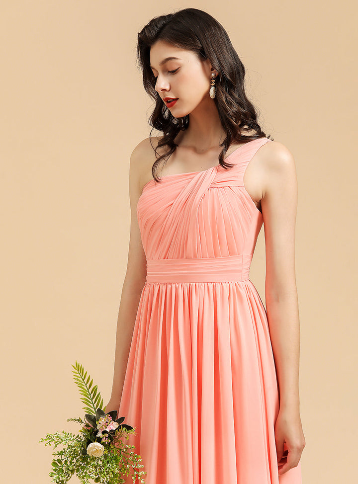 Elegant A-line One Shoulder Coral Chiffon Long Bridesmaid Dress