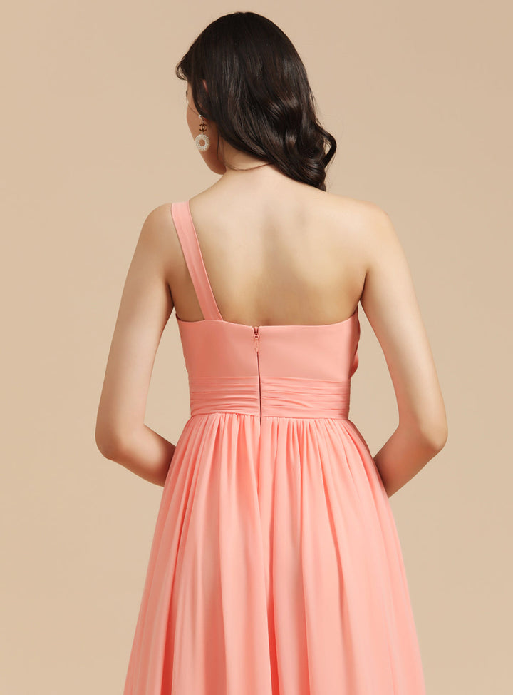 Elegant A-line One Shoulder Coral Chiffon Long Bridesmaid Dress