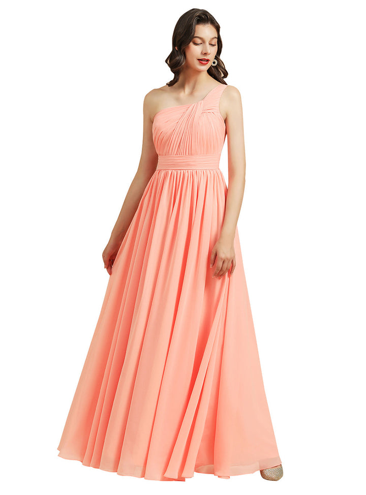 Elegant A-line One Shoulder Coral Chiffon Long Bridesmaid Dress