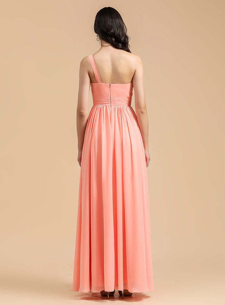 Elegant A-line One Shoulder Coral Chiffon Long Bridesmaid Dress