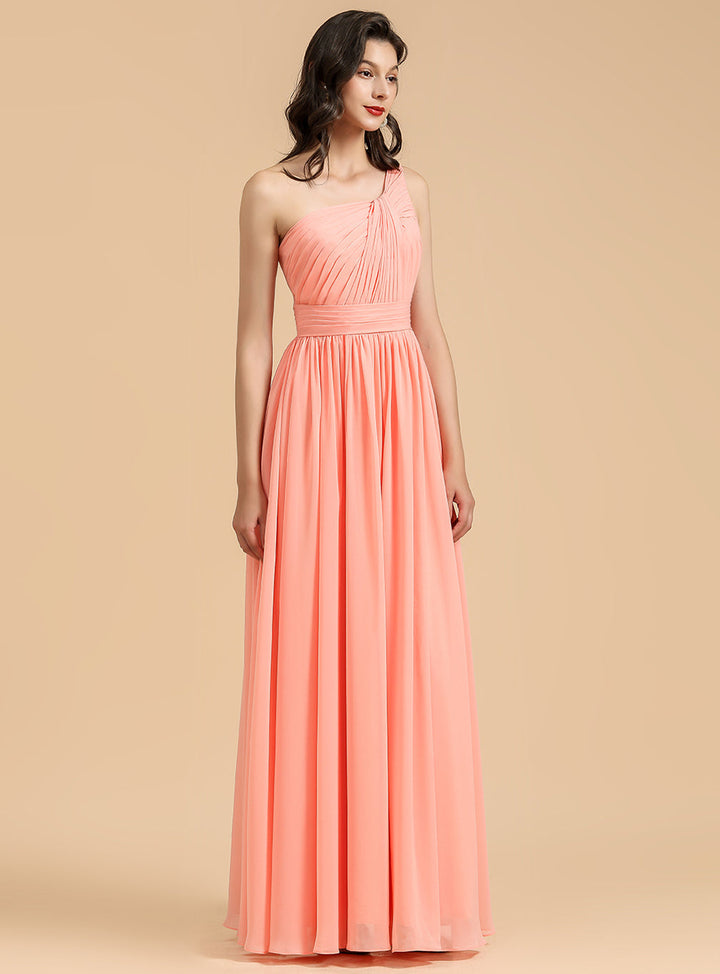 Elegant A-line One Shoulder Coral Chiffon Long Bridesmaid Dress