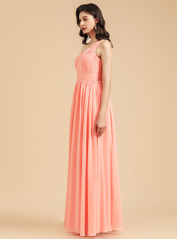 Elegant A-line One Shoulder Coral Chiffon Long Bridesmaid Dress