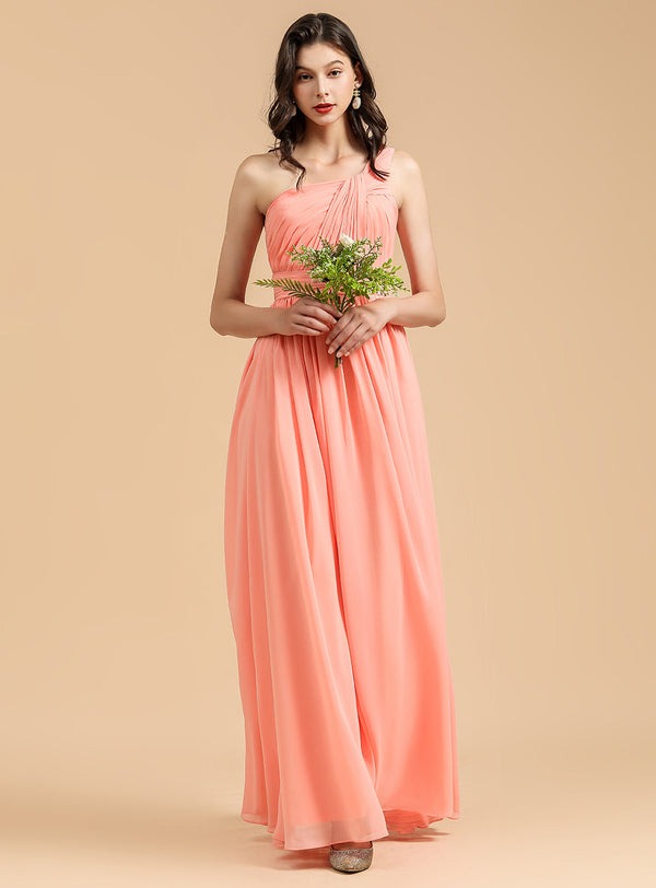 Elegant A-line One Shoulder Coral Chiffon Long Bridesmaid Dress