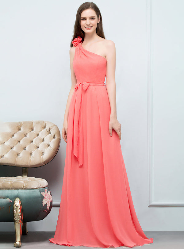 A-line One Shoulder Flower Chiffon Floor-Length Dress-koscy