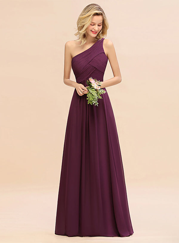 A-line One Shoulder Ruched Chiffon Floor-Length Dress Grape-koscy