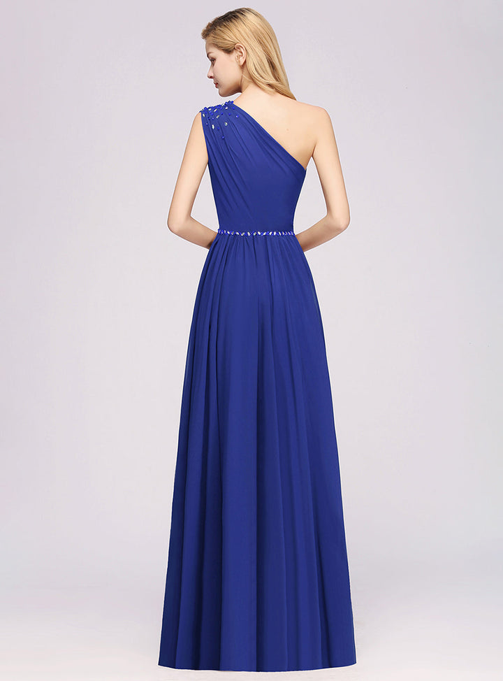 Koscy Modest One-shoulder Royal Blue Affordable Bridesmaid Dress with Beadings