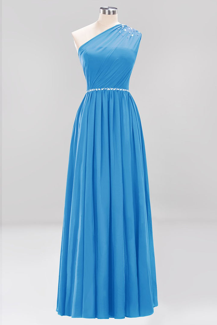 Koscy Modest One-shoulder Royal Blue Affordable Bridesmaid Dress with Beadings