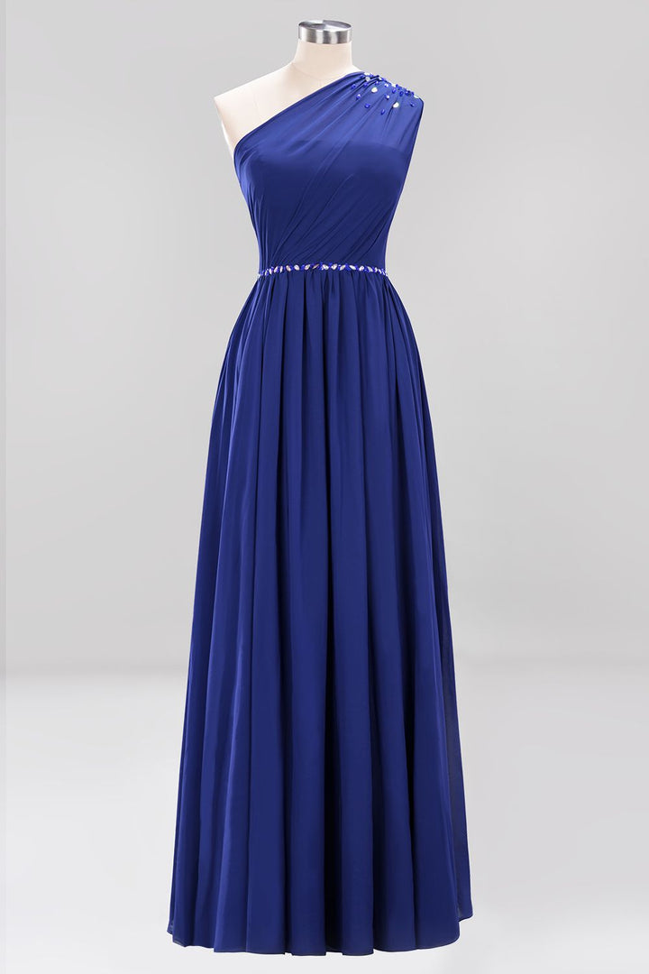 Koscy Modest One-shoulder Royal Blue Affordable Bridesmaid Dress with Beadings