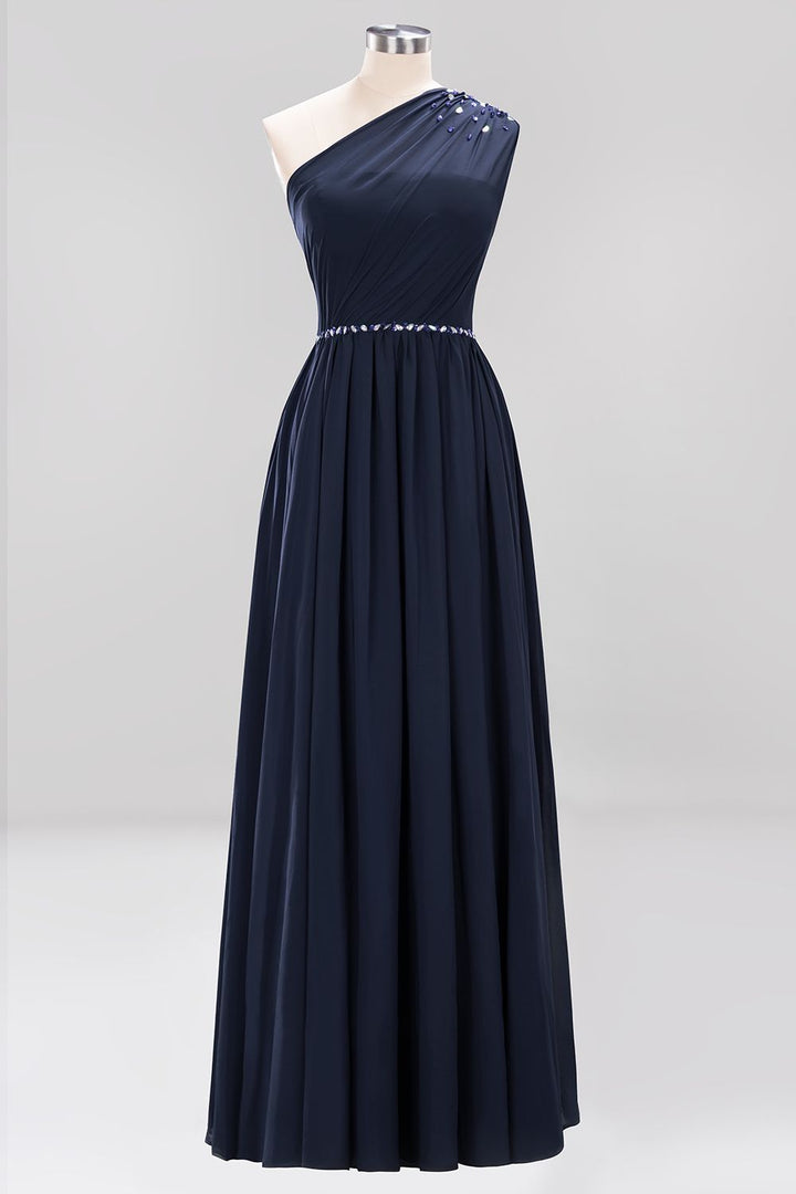 Koscy Modest One-shoulder Royal Blue Affordable Bridesmaid Dress with Beadings