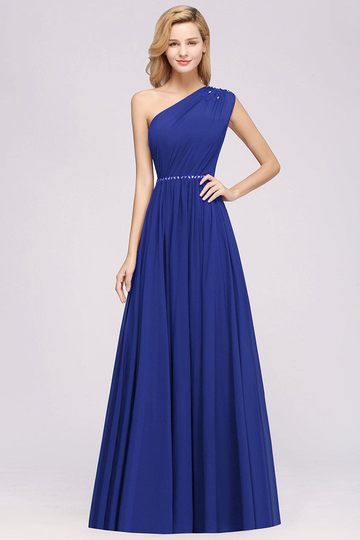 Koscy Modest One-shoulder Royal Blue Affordable Bridesmaid Dress with Beadings