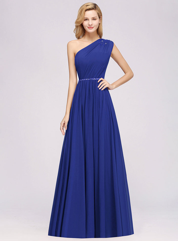 Koscy Modest One-shoulder Royal Blue Affordable Bridesmaid Dress with Beadings