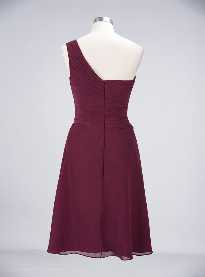 Koscy Chic One-Shoulder Short Burgundy Affordable Bridesmaid Dress with Ruffle