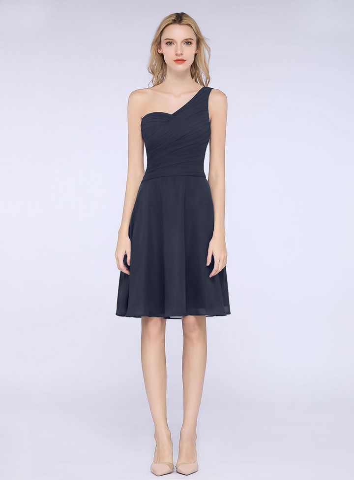 A-line One Shoulder Ruched Chiffon Knee-Length Dress-koscy