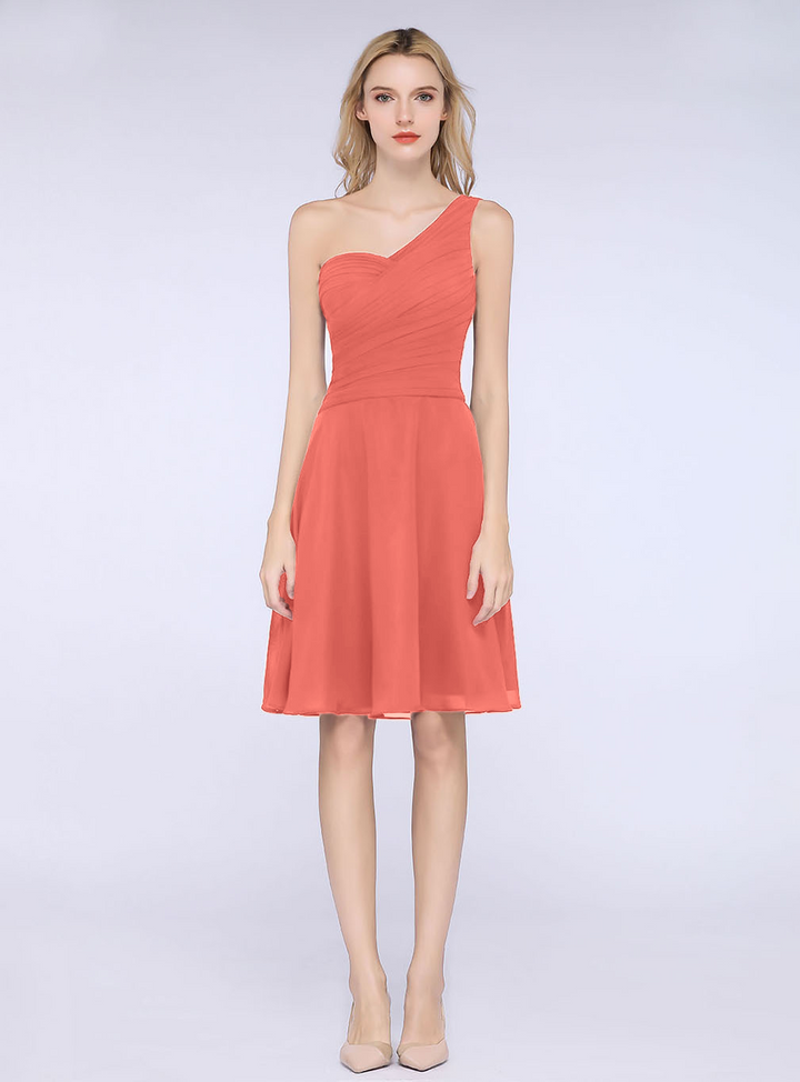 A-line One Shoulder Ruched Chiffon Knee-Length Dress-koscy