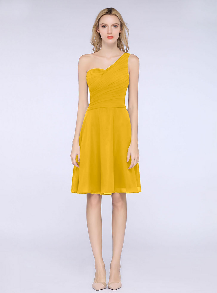 A-line One Shoulder Ruched Chiffon Knee-Length Dress-koscy